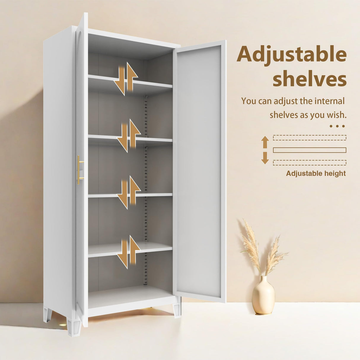 Nobilsteel 71''Metal Kitchen Storage Cabinet with 2 Doors and 4 Adjustable Shelves, 5-Tier Tall White Food Metal Pantry Storage Cabinet for Kitchen, Dining/Living Room Nobilsteel