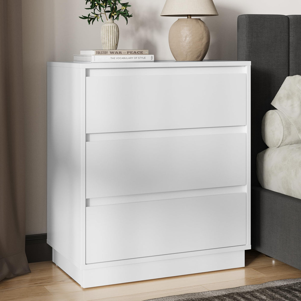RoyalCraft Wide Nightstand with 3 Drawers, White Nightstand for Bedroom, Large End Table Bedside Table for Home and Office RoyalCraft