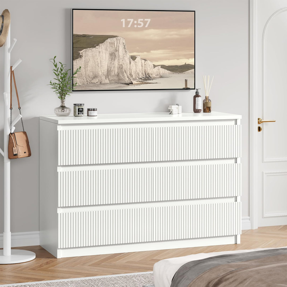 Jocoevol 6 Drawer Dresser, Fluted Dresser for Bedroom with Sleek Hidden Handles, Bedroom Dressers with Drawers, Wood Closet Clothes Storage Organizer for Bedroom, Pure White Jocoevol
