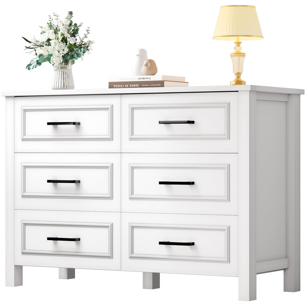 DWVO Farmhouse Wooden Dresser TV Stand with Power Outlet, 6-Drawer Dresser with Large Storage Drawers and Bar Handles, Ideal for Bedroom, Living Room, Hallway, 47.2" x 15.7" x 33.4" - White DWVO