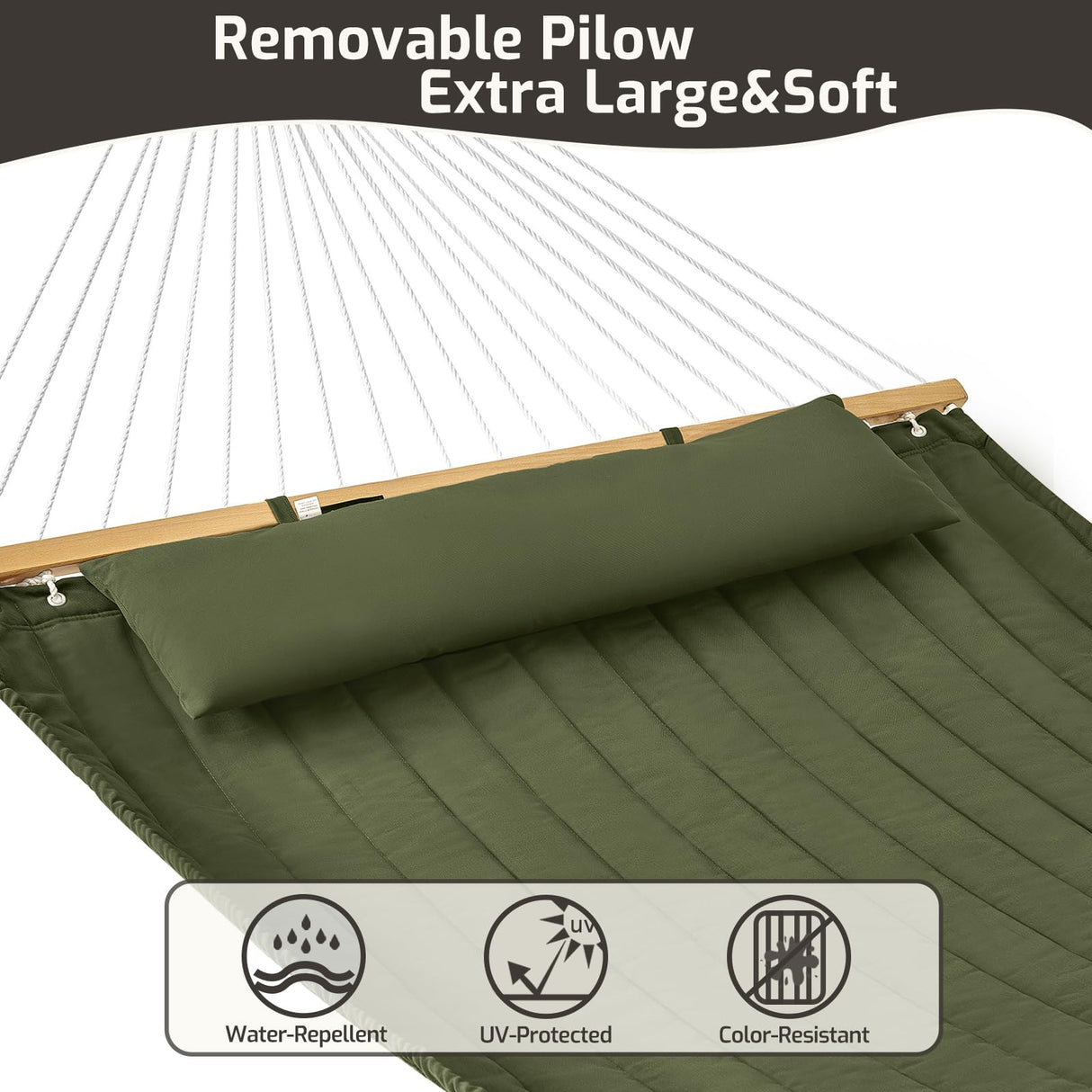 CHULIM Double Quilted Fabric Hammock with Hardwood Spreader Bars and Pillow 450 LBS Capacity 2 Person Hammock Large Hammock for Outdoor Patio Backyard Poolside - Green CHULIM