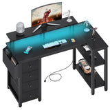 Lufeiya L Shaped Gaming Desk with Led Lights and Power Outlets, 47 Inch Writing Study Computer Desks with Fabric Drawers for Bedroom, Corner Home Office Desk with Monitor Stand Shelves, Black Lufeiya