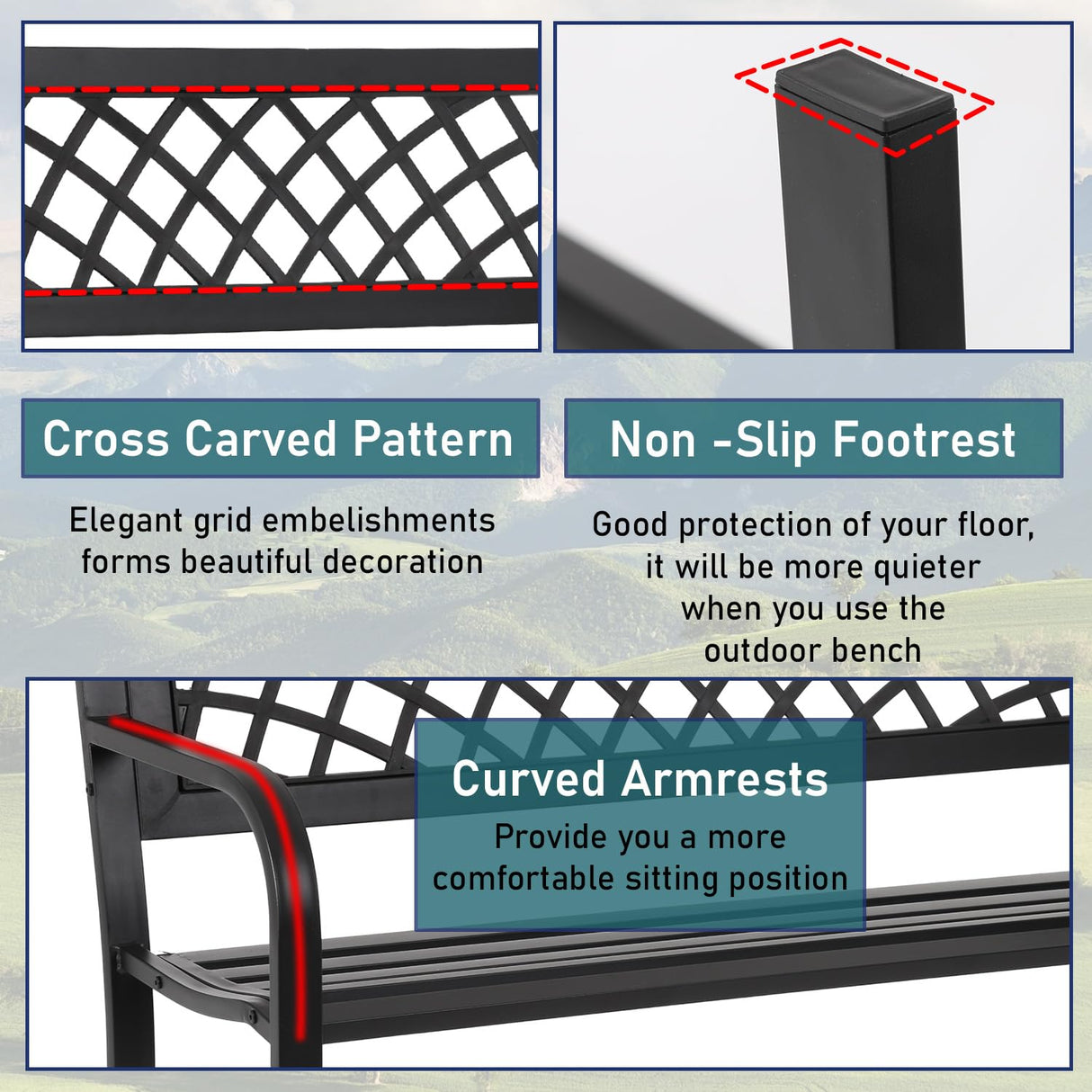 MGHH Outdoor Bench, Patio Garden Bench with Iron Steel Frame, Mesh Pattern, Metal Outside Bench for Park Porch Lawn Yard Balcony Path Entryway Deck,Black MGHH