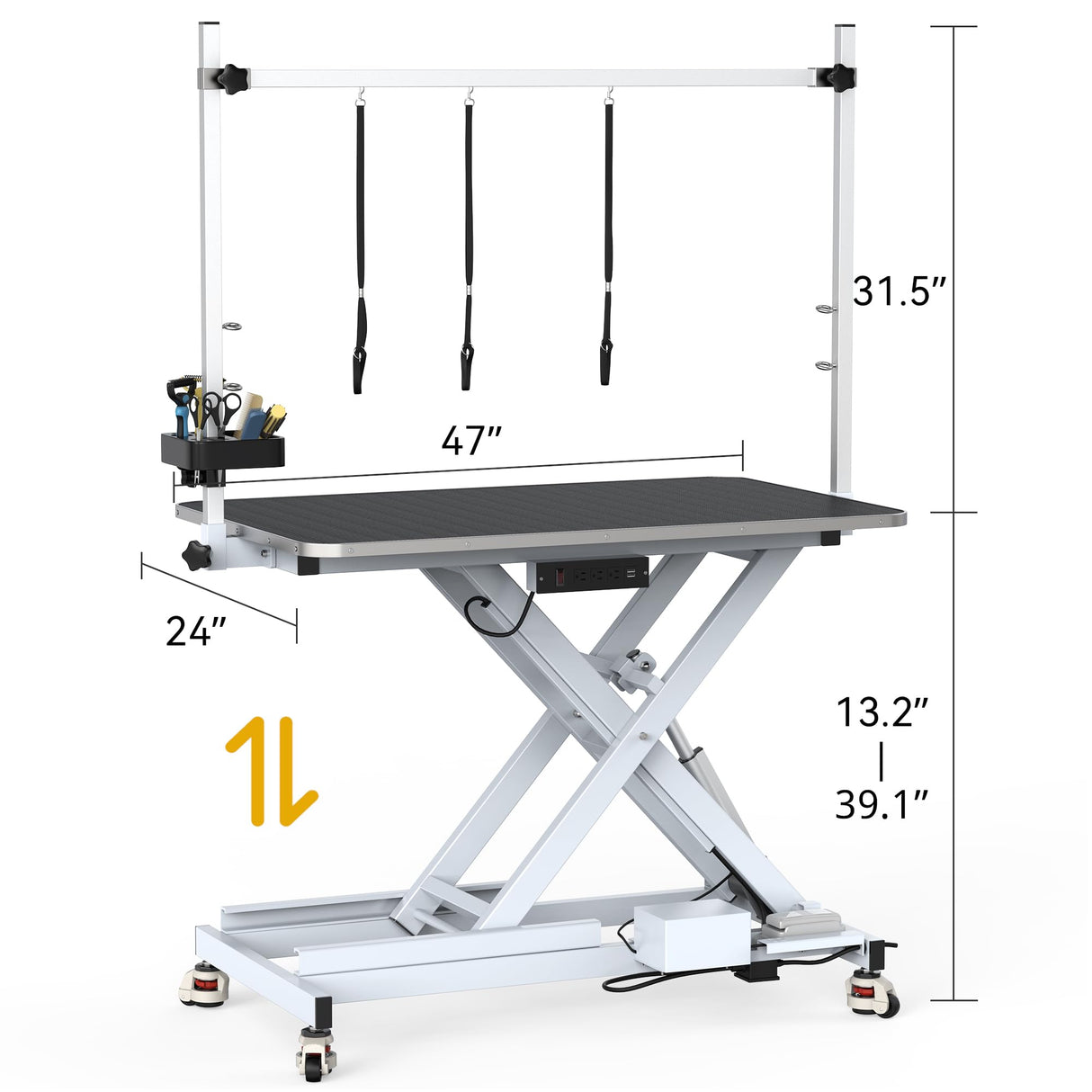DWVO 49'' Electric Dog Grooming Table, Heavy Duty Adjustable Pet Grooming Table w/Leveling Wheels, Grooming Arm, Anti-Slip Top & Tool Organizer, Professional Dog Grooming Station (White, 49inch) DWVO
