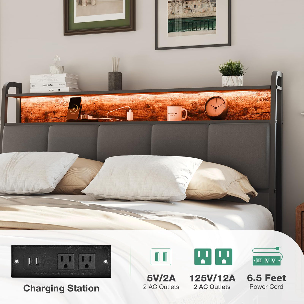 Novilla Queen Size Bed Frame With Headboard, Metal Frame With Lights & Charging, 12 Inches Storage Space, Heavy Duty Steel Slat Support, No Box Spring Needed Novilla