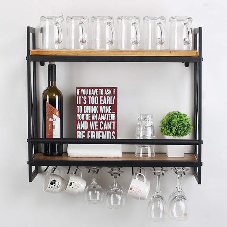 MBQQ Rustic Wall Mounted Wine Racks with 6 Stem Glass Holder,23.6in Industrial Metal Hanging Wine Rack,2-Tiers Wood Shelf Floating Shelves,Home Room Living Room Kitchen Decor Display Rack MBQQ
