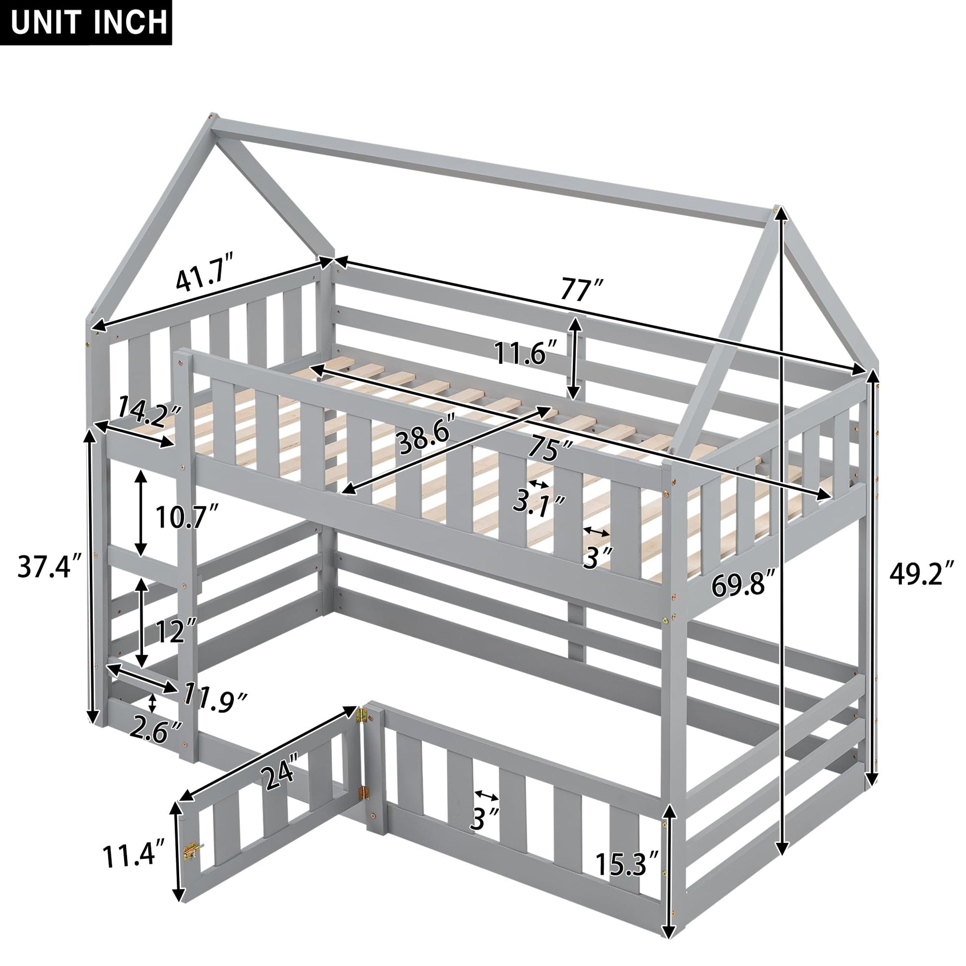 LZ LEISURE ZONE Grey Twin Over Twin Bunk Bed with House Design, Safety Fence, and Playful Door - WoodArtSupply