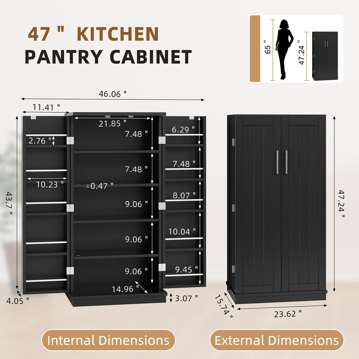 Shintenchi Kitchen Pantry Cabinet,5 - Layer Storage Cupboard with Adjustable Shelves for Organizing and Storing Food Items,47'' Versatile Buffet Sideboard for Kitchen, Bathroom and Laundry,Black Shintenchi