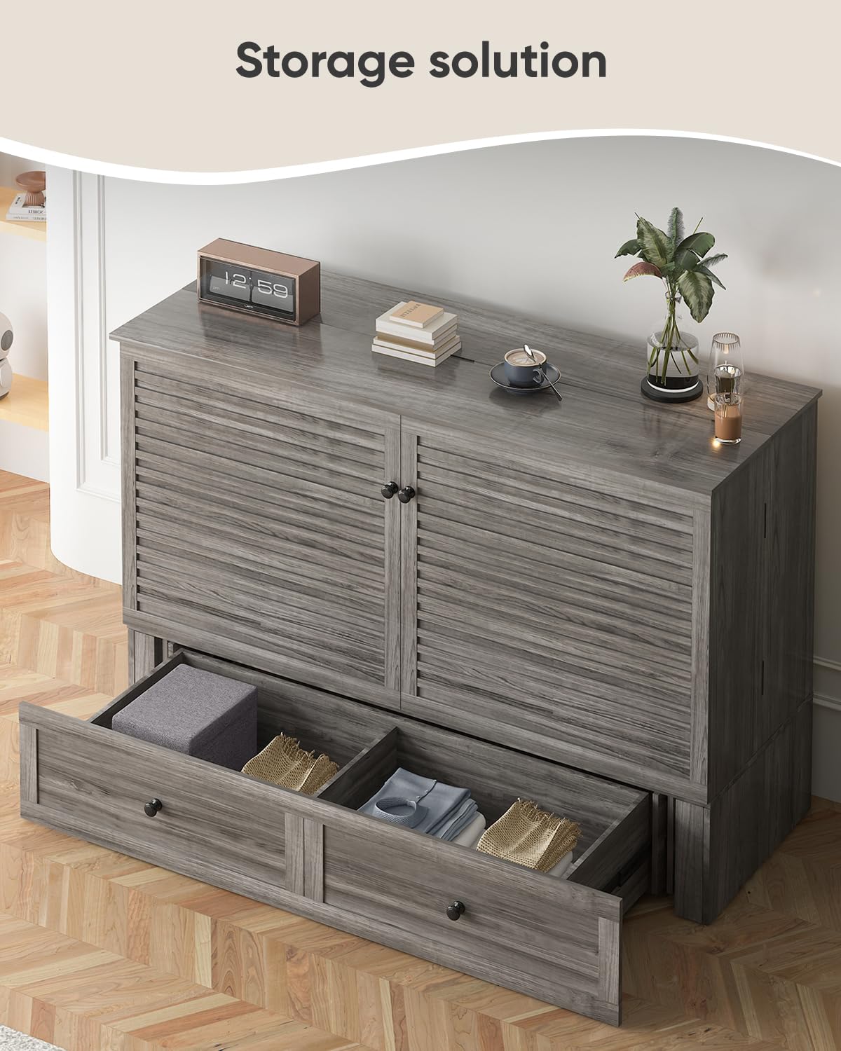 ADOWORE Queen Size Murphy Bed with Mattress Included, Cabinet Bed with Charging Station & Large Storage Drawer, Hideaway Full Foldable Platform Bed for Home Office or Guest Bedroom, Living Room,Grey ADOWORE