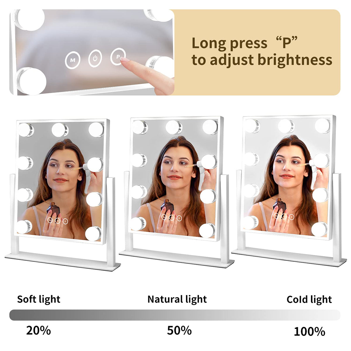 NUSVAN Vanity Mirror with Lights, Makeup Mirror with Lights,3 Color Lighting Modes Detachable 10X Magnification Mirror Touch Control,360°Rotation, White. NUSVAN