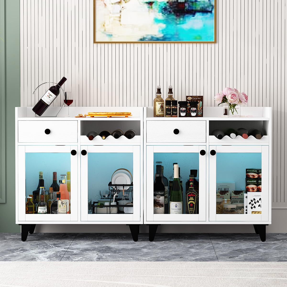 COCO DESIGN Small Wine Liquor Cabinet with Led Light, Modern Coffee Bar Cabinet with Storage for Home, Buffet Sideboard with Glass Door & Wavy Wine Rack for Kitchen, Farmhouse, White - WoodArtSupply