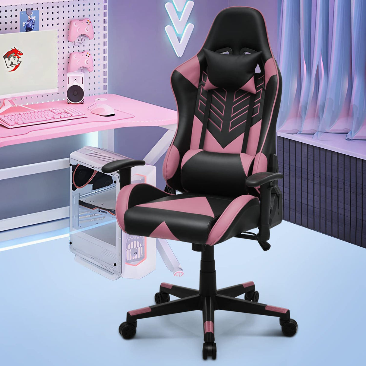 MoNiBloom Computer Chair Gaming High Back Office Gaming Chair with Headrest and Lumbar Support, PU Leather Ergonomic Racing Chair with Adjustable Height and Reclining Function for Teen Adult, Pink MoNiBloom