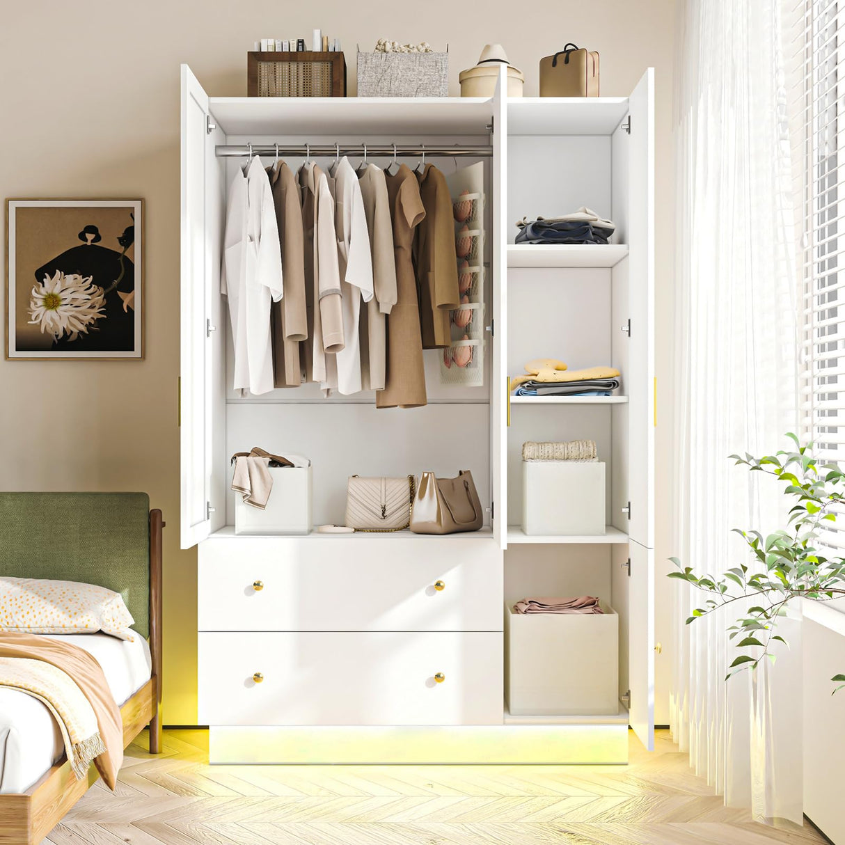 DalyLuxa 3 Doors Armoire Wardrobe Closet with Mirror & Organizers, LED Wooden Bedroom Armoires with Hanging Rod for Bedroom, White DalyLuxa