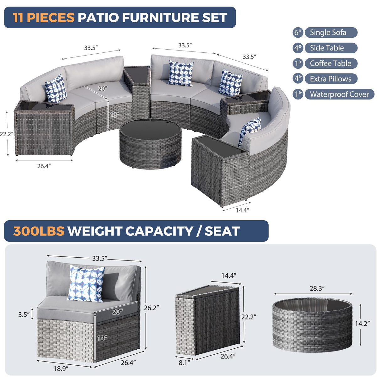 WACASA 11 PCS Curved Rattan Patio Furniture Set – Outdoor Sectional Sofa with Waterproof Cushions, Coffee Table, Side Tables & Pillows, Natural Wicker Conversation Set for Garden, Backyard, Deck WACASA