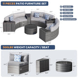 WACASA 11 PCS Curved Rattan Patio Furniture Set – Outdoor Sectional Sofa with Waterproof Cushions, Coffee Table, Side Tables & Pillows, Natural Wicker Conversation Set for Garden, Backyard, Deck WACASA