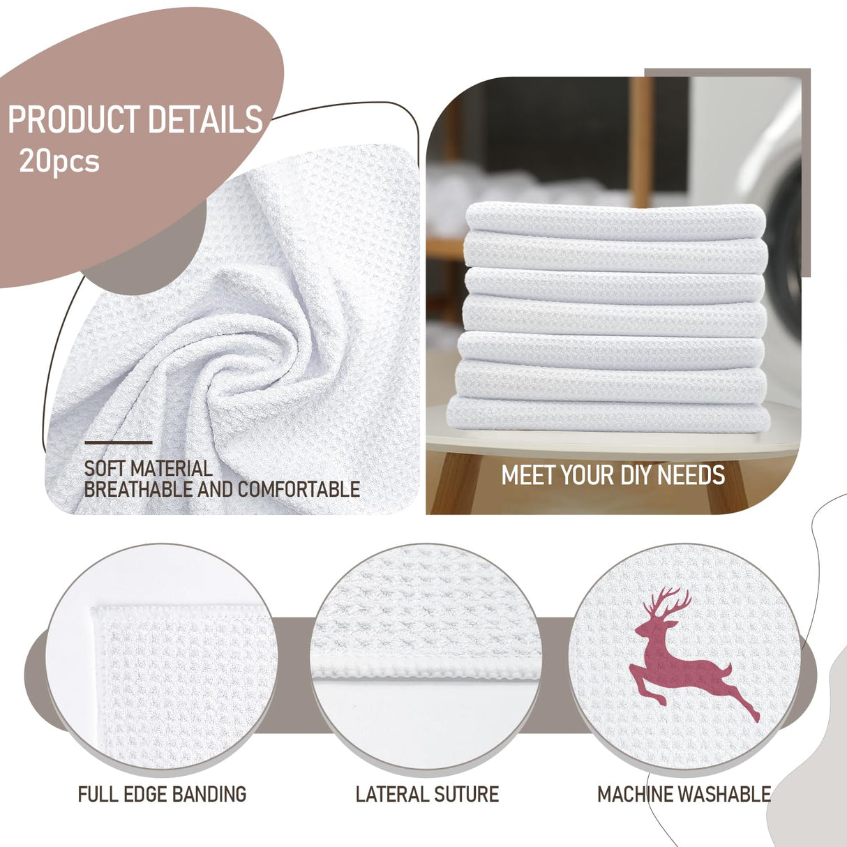 YOUKE OLA 20 Pack Sublimation White Towels Waffle Weave Kitchen Towels Blanks Microfiber Dish Drying Towel for Heat Transfer 16x24 Inch YOUKE OLA