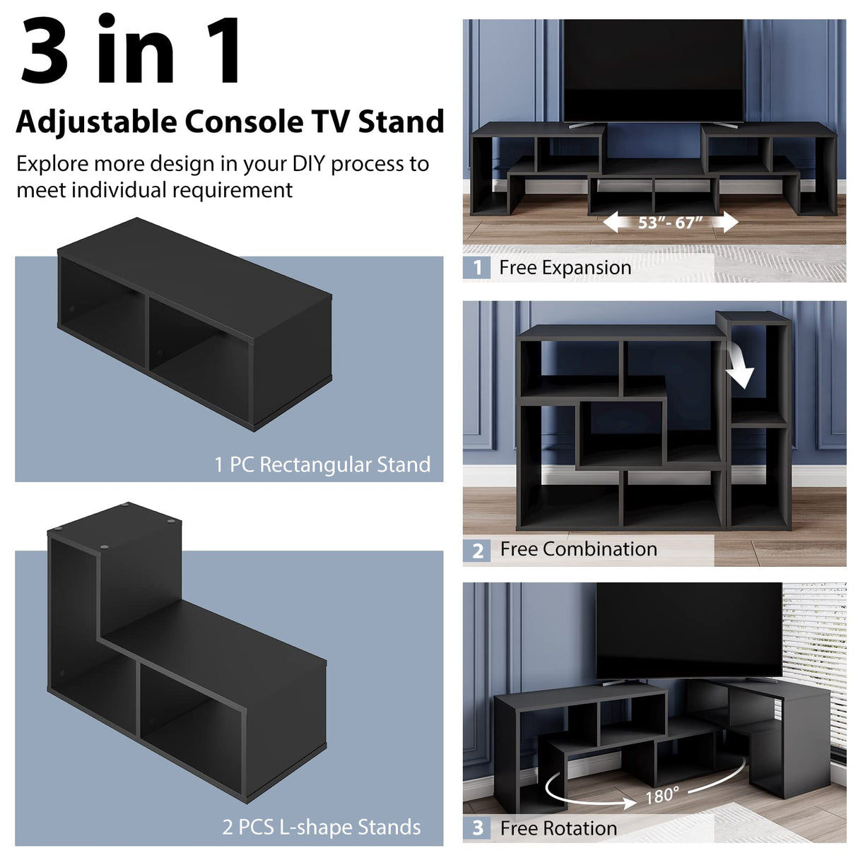 Tangkula 3 Pieces Console TV Stand, Free-Combination Entertainment Center for 50 55 60 65 Inch TV, Minimalist Modern TV Media Stand, DIY Open Storage Bookcase Shelf for Living Room (Black) Tangkula