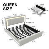 Queen Size Bed Frame with 4 Storage Drawers and LED Lights, Upholstered Platform Bed with Adjustable Headboard and Charging Station, Metal Slats Support, No Box Spring Needed,Easy Assembly, White E-Motie