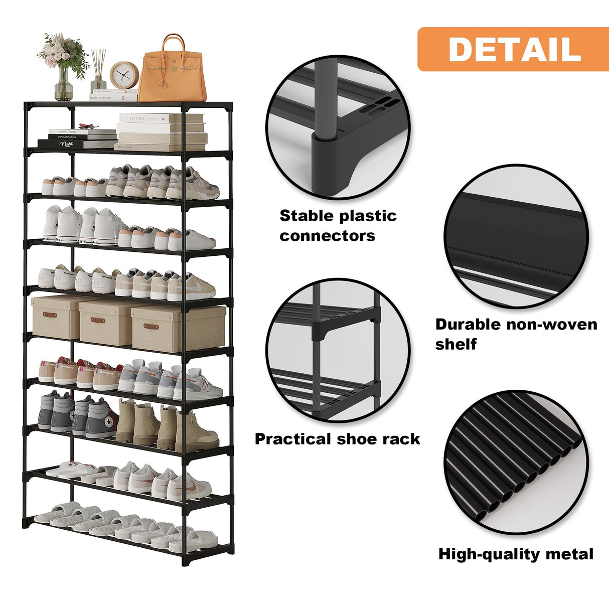 Calmootey 10-Tier Shoe Rack, Tall Large Capacity 50 Pairs Shoes Storage Organizer, Stackable Wide Shoe Shelf for Entryway, Hallway, Black Calmootey