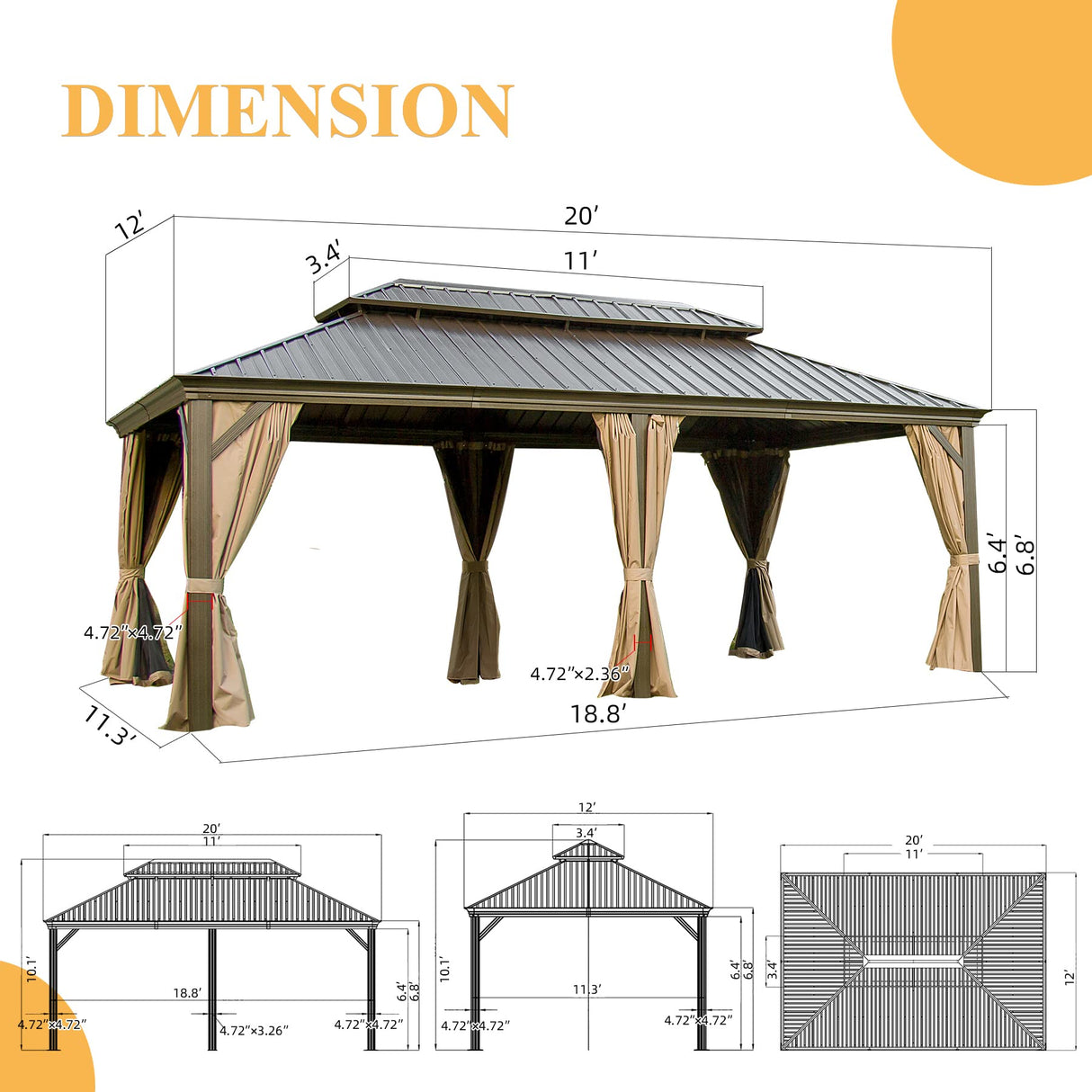 Domi Hardtop Gazebo 12x20FT, Outdoor Gazebo with Galvanized Steel Double Roof, Aluminum Frame, Built-in Gutter System, Curtain and Netting, Metal Gazebo Pavilion for Patio Deck Garden, Brown domi outdoor living