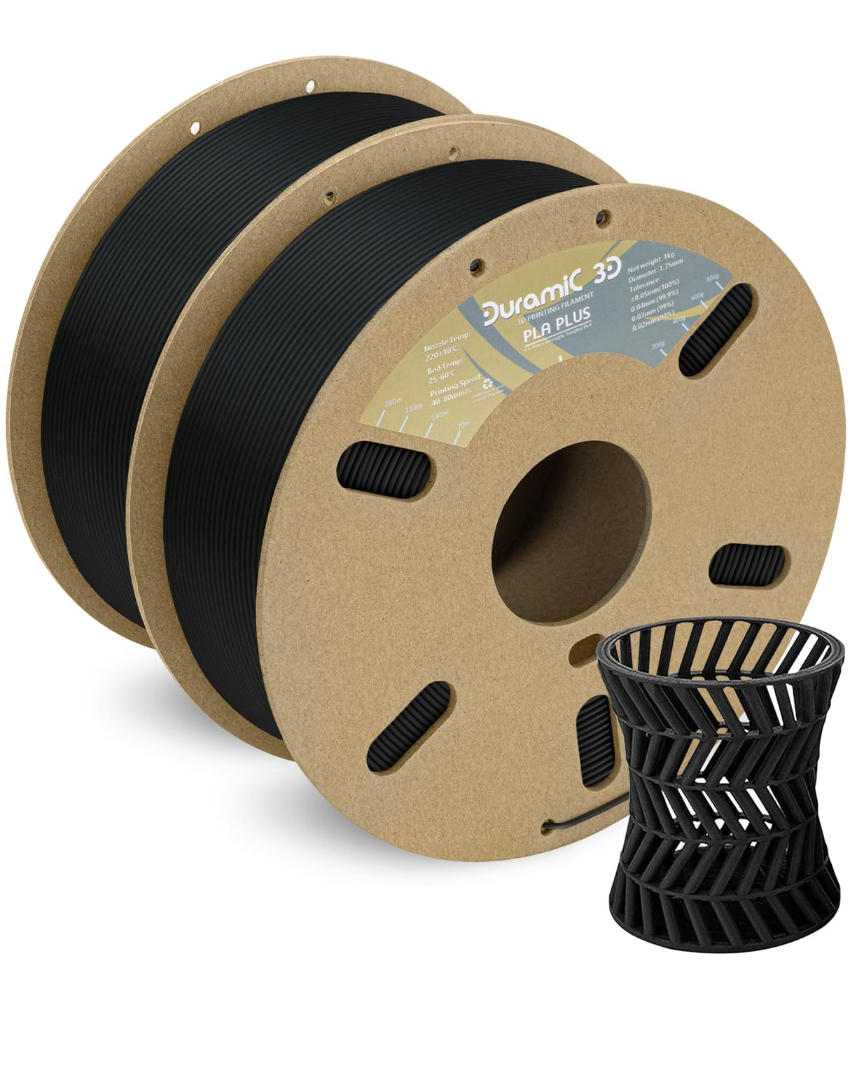 DURAMIC 3D PLA+ Filament 1.75mm 2Kg Black, PLA Plus Filament 2 Pack 1kg Spool(2.2lbs) Tougher and Stronger, Dimensional Accuracy Probability +/- 0.02mm DURAMIC 3D