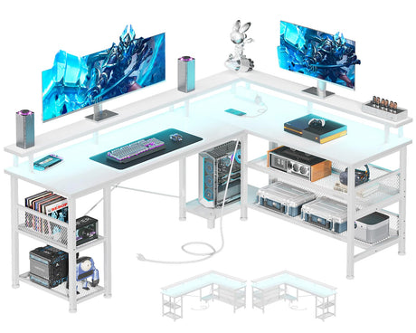 ODK 66" Reversible L Shaped Gaming Desk with LED Lights and Power Outlets in Grey Oak ODK