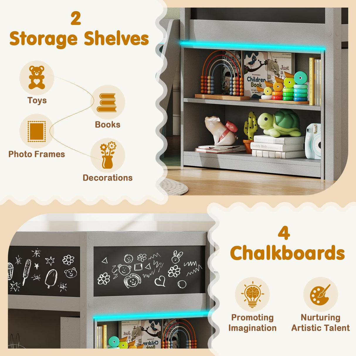 KOTEK Low Loft Bed with LED Lights & Chalkboards, Twin Loft Bed with Storage Bookcase and Under-Bed Space, Loft Bed Frame for Kids (Grey) KOTEK