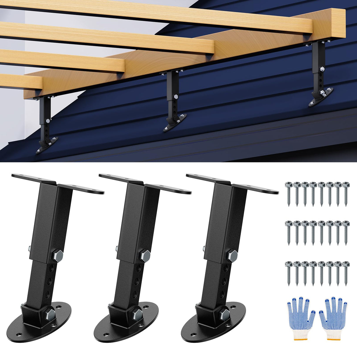 3 Pack Heavy Duty Pergola Brackets RISHTEN Adjustable Pergola Roof Riser Beam Bracket for Roof Mount Pergola Patio Cover, Pergola Brackets Kit Black RISHTEN