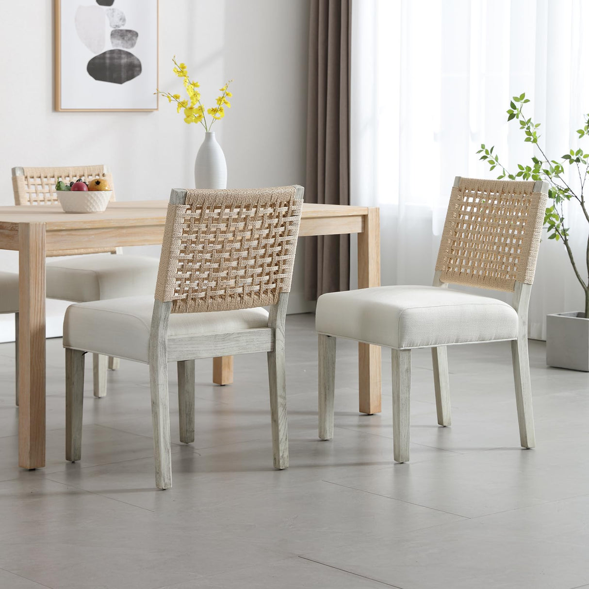 LZAREAL Farmhouse Dining Chairs Set of 4 Linen Fabric Upholstered Accent Side Chair, Mid Century Modern Kitchen & Dining Room Chairs with Woven Rope Back for Home, Living Room, Bedroom - White LZAREAL