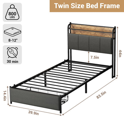 Zevemomo LED Twin Bed Frame with Charging Station, Twin Size Platform Bed with RGB LED Lights, 2 Tier Storage Headboard, Unique Heave Duty Metal Round Bar, No Box Spring Needed, Grey