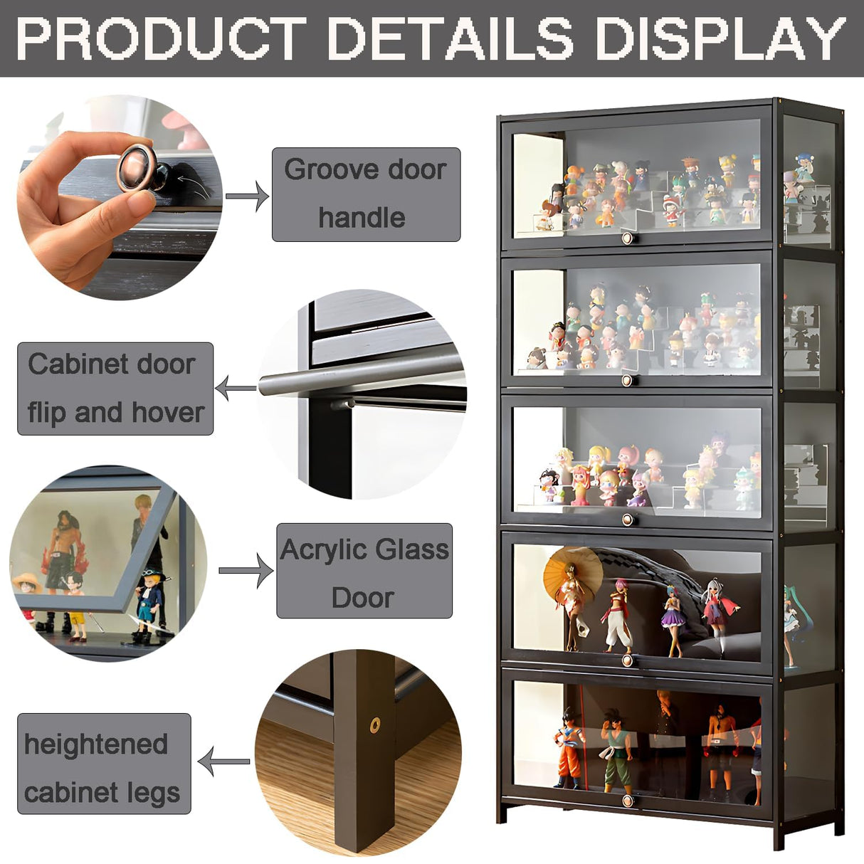 Orixal Display Cabinet with Acrylic Glass Doors, 5-Tier Transparent Bamboo Curio Display Case for Figures, Display Shelves for Collectibles & Kids Bookcase for Home, Office, Playroom, Living Room Orixal