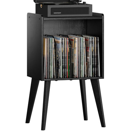 Gannyfer Record Player Stand – Minimalist Vinyl Record Storage Holds Up to 160 Albums, Mid-Century Record Holder Display Shelf with Wood Legs, Turntable Cabinet for Living Room, Bedroom (Black) Gannyfer