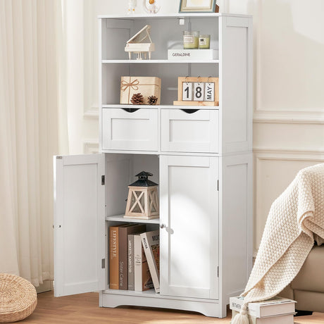 Iwell Tall Bathroom Cabinet, Storage Cabinet with 2 Drawers & Adjustable Shelves, Bathroom Storage Cabinet for Living Room, Dining Room, Entryway, White Iwell