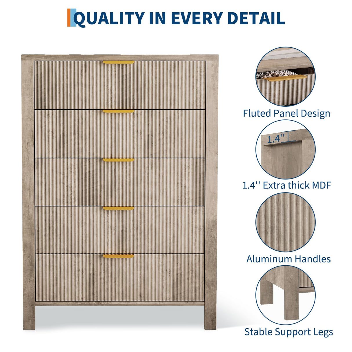 GarveeHome Fluted 5 Drawer Dresser, 45 in Tall Slim Dresser for Small Spaces, Modern Farmhouse Wooden Chest of Drawers for Bedroom Nursery Apartment, Easy Assembly GarveeHome