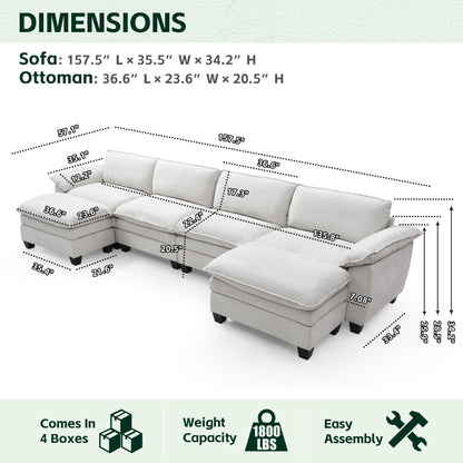 mestyl Comfy Sectional Couch with 2 Ottoman, U Shaped 4 Deep Seat Fluffy Cloud Sofa, 157" Modern Modular Soft Couches Set for Living Room, Chenille, Beige White, MT001