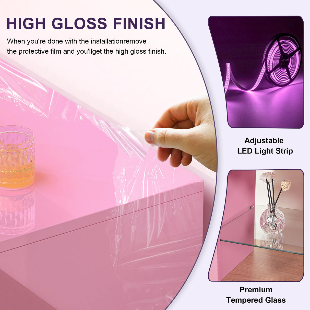 Clikuutory Pink LED TV Stand with Large Storage Drawer for 32 40 50 55 Inch TVs, Modern High Gloss TV Console Table with Entertainment Center for Living Room, Bedroom, Pink Clikuutory