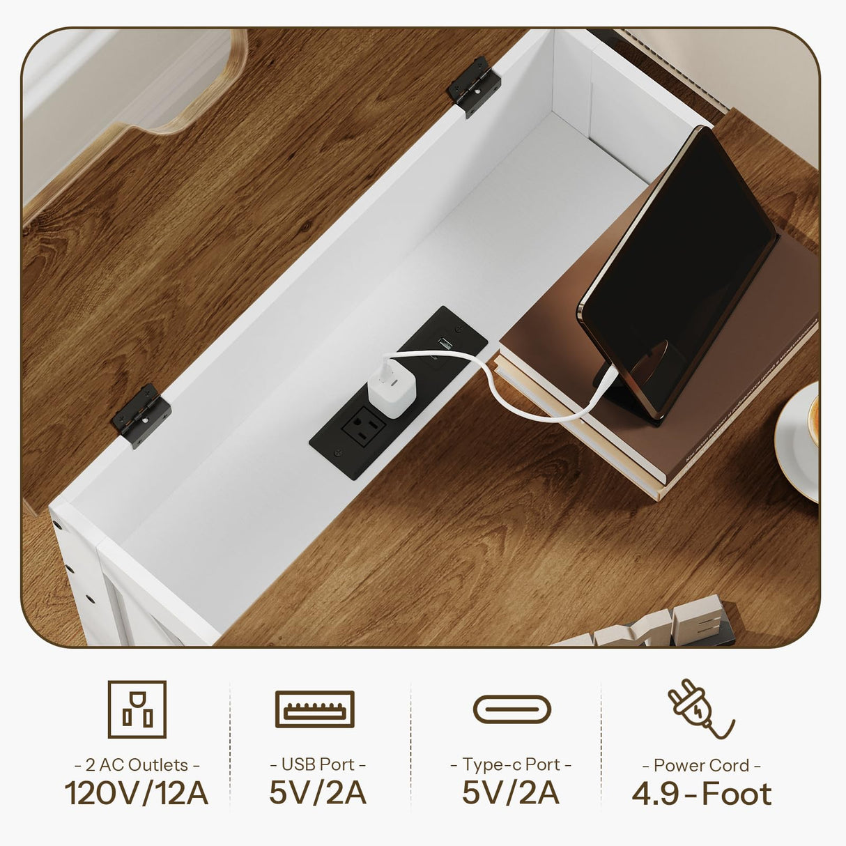 HOOBRO Farmhouse End Tables for Living Room, 23.6" Large End Table with Charging Station, Sofa Side Table with Drawer, Large Square Nightstand, Flip Top, White and Walnut WH605UBZ01 HOOBRO
