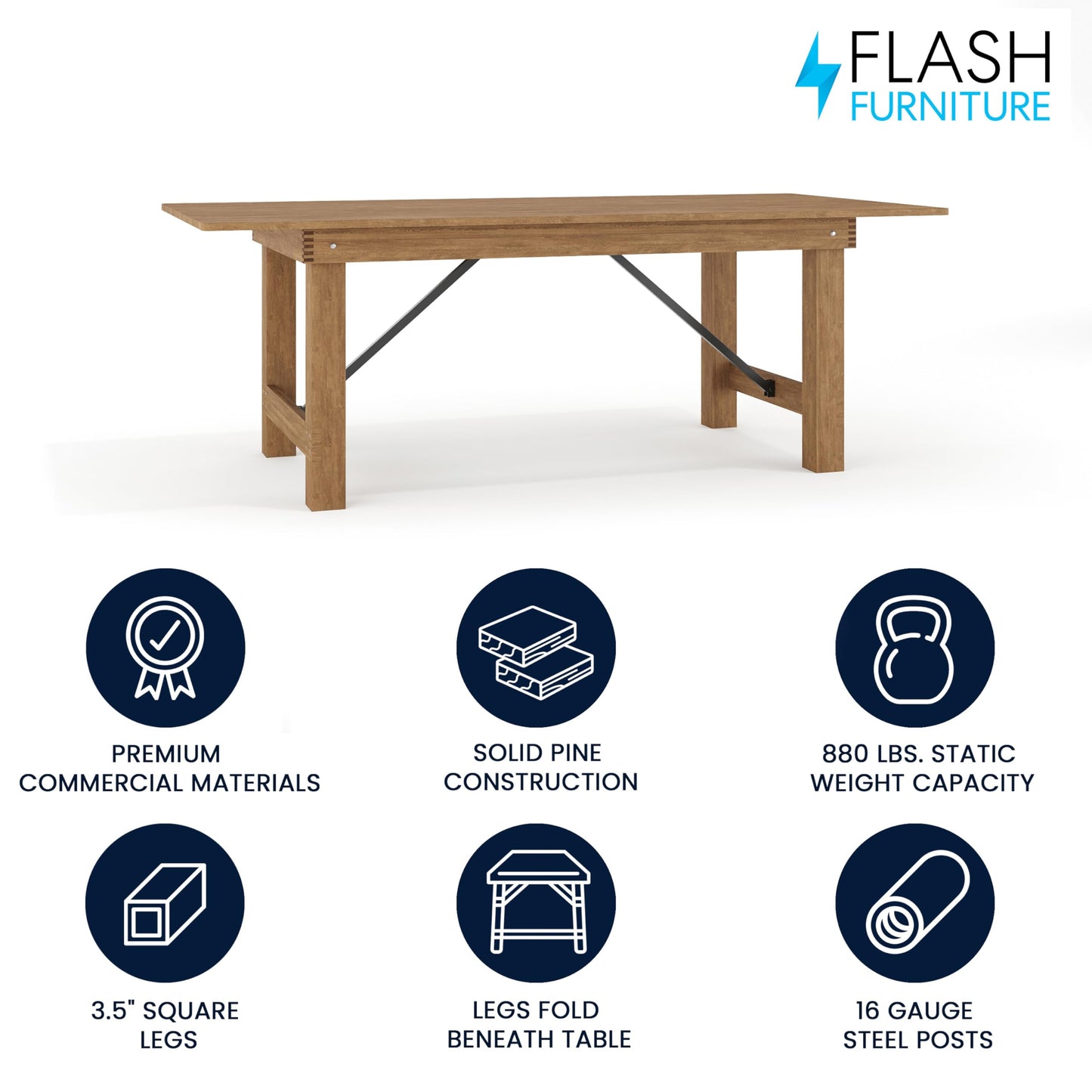 Flash Furniture Hercules Series 7' x 40" Rustic Solid Pine Folding Dining Table, Rectangular Antique Farmhouse Dining and Event Extension Table - WoodArtSupply