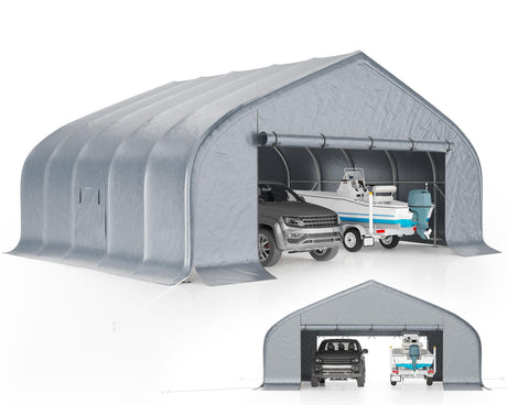 AMERLIFE 22.5 x 20FT Heavy Duty Double Carport, Galvanized Steel Frame Garage Shelter,Outdoor Storage, Waterproof 3-Layer PE Cover, Fits 2 Cars, Boat, Farm Equipment, Silver Gray AMERLIFE