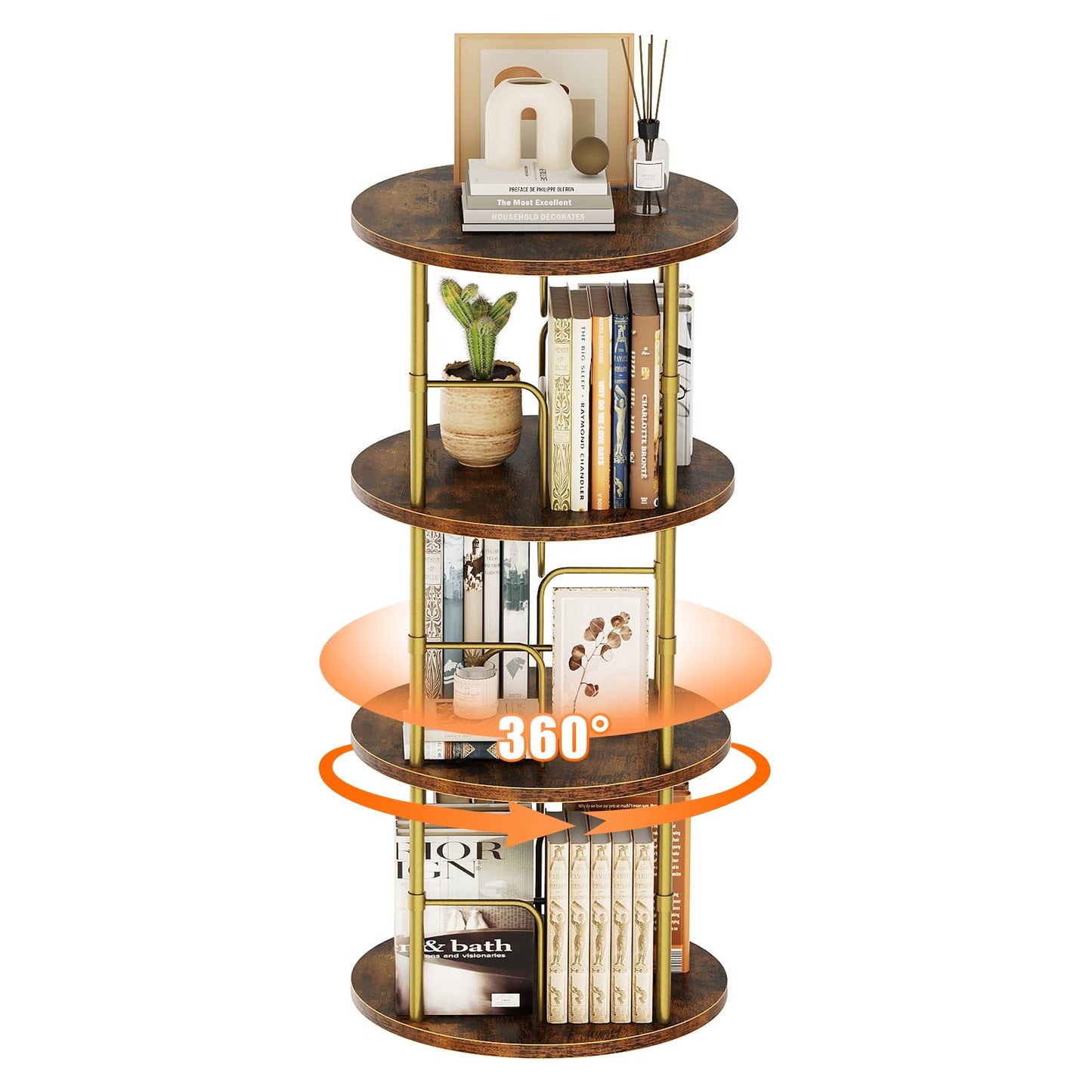 Sleek Gold 3-Tier Rotating Bookshelf with 360° Display and Partition Storage - WoodArtSupply