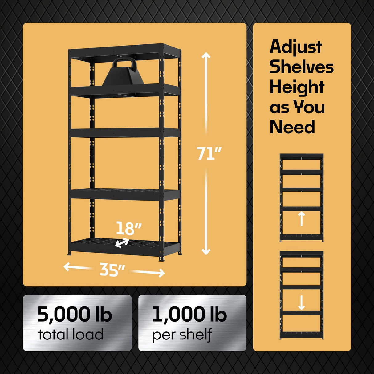 Metalkast Heavy-Duty Metal Garage Shelving | 71" H x 35" W x 18" D | Adjustable Industrial Storage Rack with Wire Shelves | 5-Tier Steel Shelving Unit, 5,000LB Capacity, Rust-Resistant Coating Metalkas