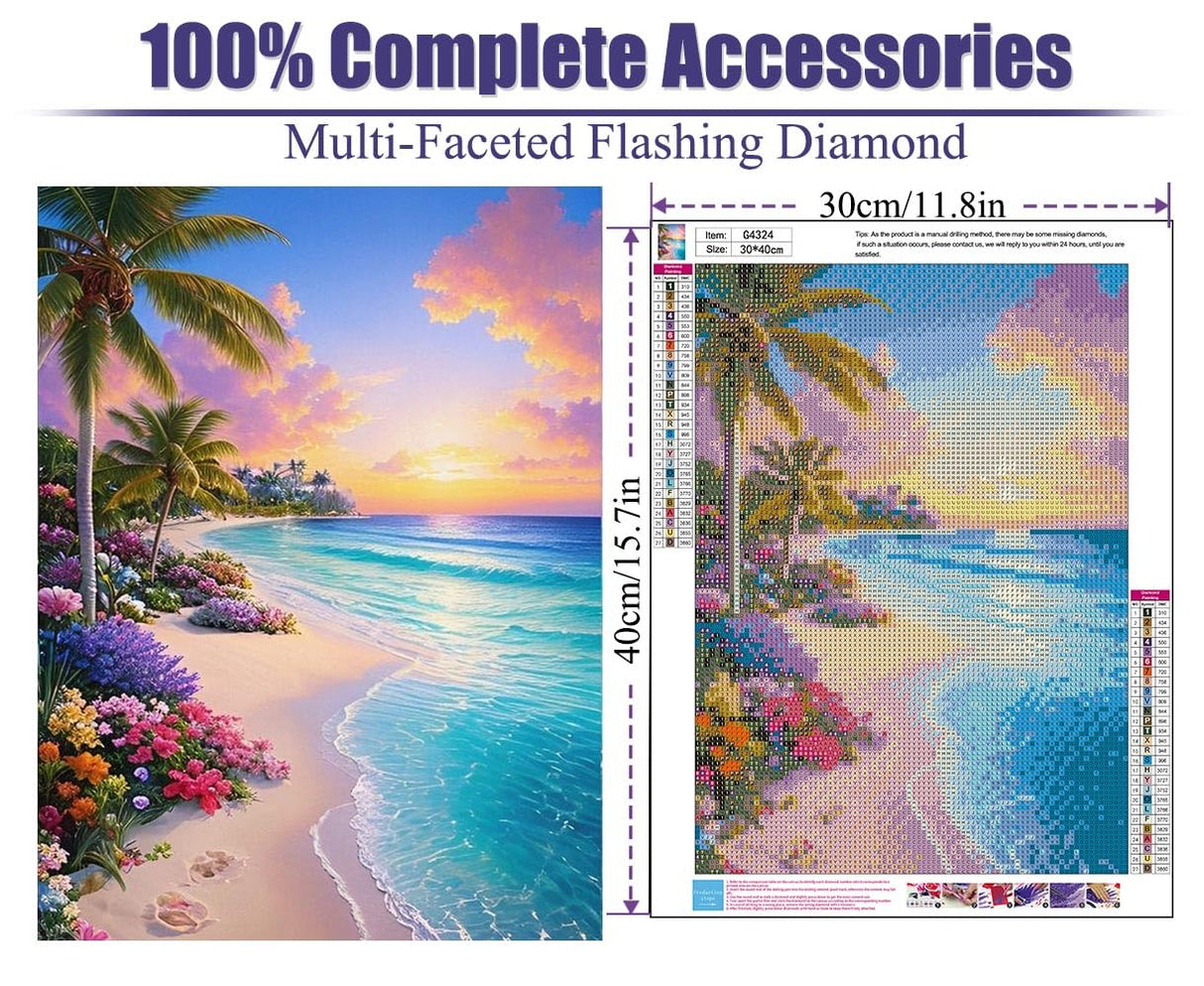 eniref Diamond Art Kits for Adults,Beach Sunset DIY 5D Round Full Drill Diamond Painting Gem Art Kits for Crafts Gift and Home Wall Decor,Flowers Coconut Trees Sea Diamond Dots Kit 12x16 Inch eniref