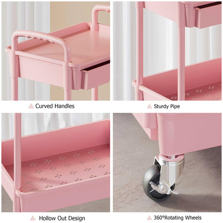 LLMRR 3 Tier Rolling Utility Cart with Drawer, Plastic Storage Organizer Rolling Carts with Wheels Handles Hanging Cups Hooks for Office, Bathroom, Kitchen,Craft Art Room (Pink) LLMRR