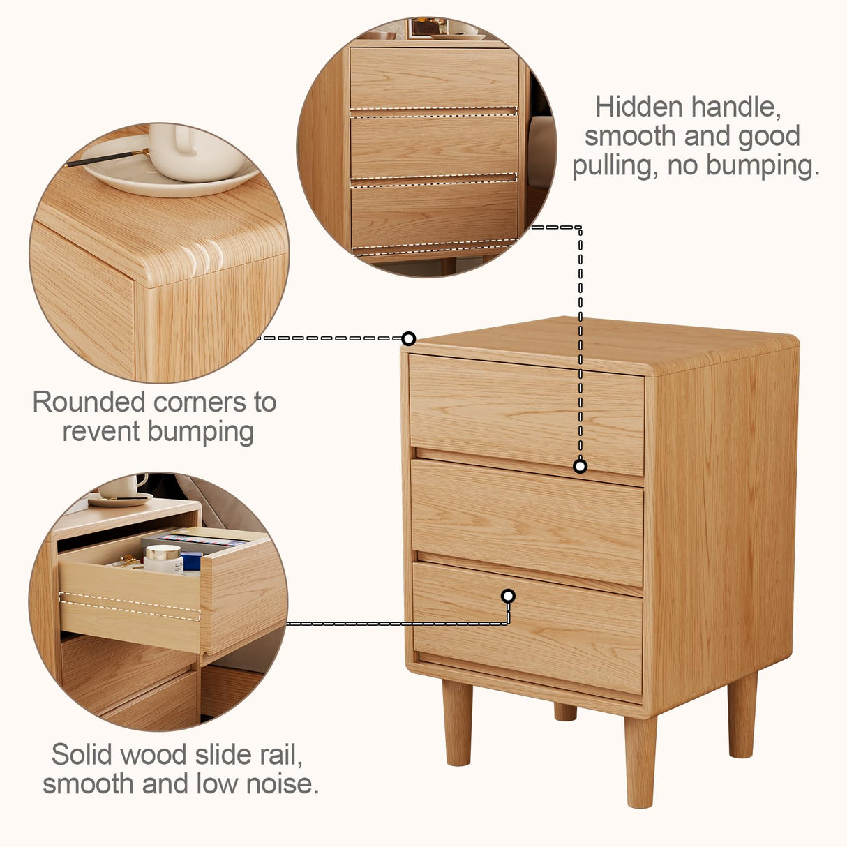 Tall Nightstand with 3 Drawer Natural Wood Nightstand,Solid Wood Nightstand,Mid Century Modern Nightstand Side Table,Modern Wood Night Stand End Table,Wooden Bedside Table for Bedroom,Living Room AnywaysWood