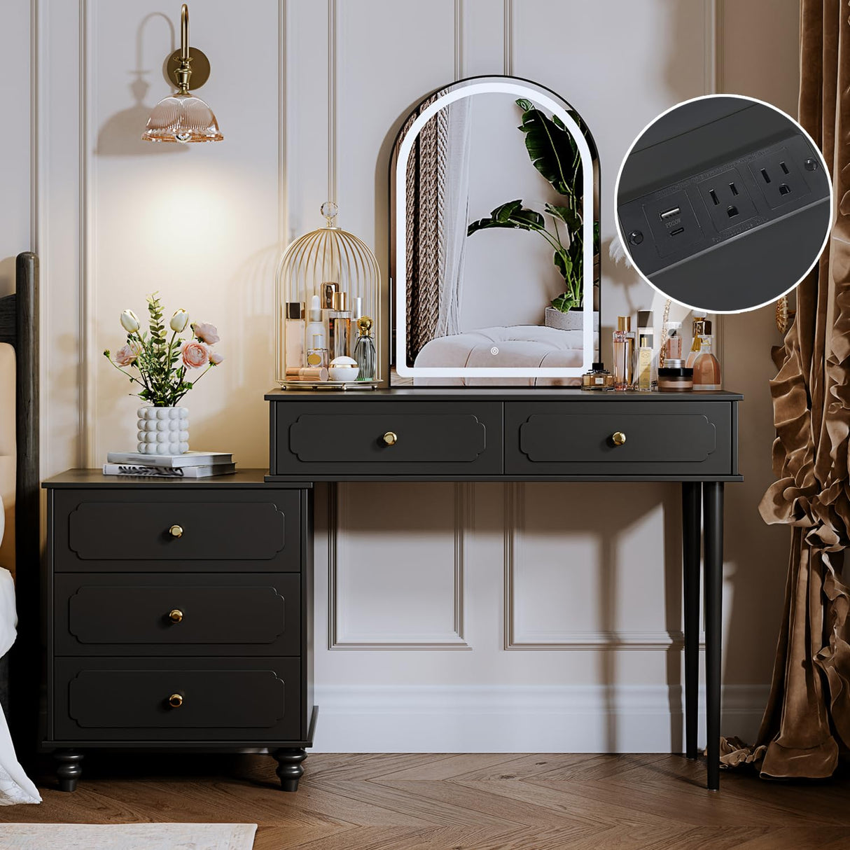 YYJ Vanity Desk with Mirror and Lights,Makeup Vanity with Power Outlet and Adjustable Cabinet,Modern Makeup Table with 3 Drawers for Bedroom Makeup Room,Writing Desk Dark YYJ