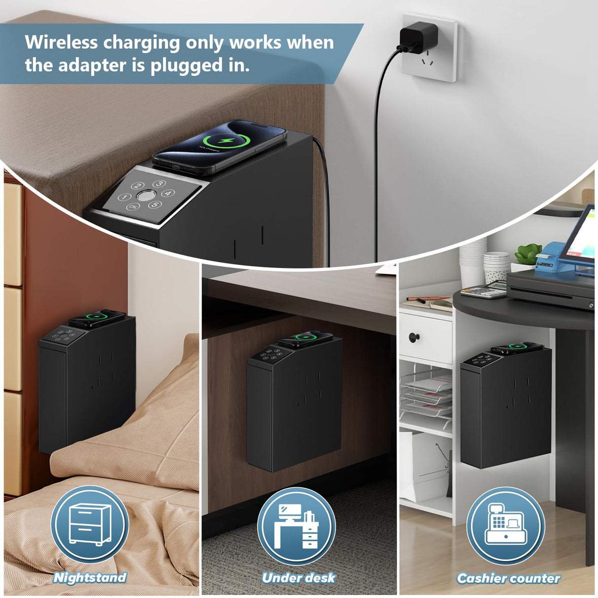 NIANPU Bedside Biometric Gun Safe for Handgun-Quick Access Pistol Safe with Fingerprint,PIN&Key-Sliding Gun Lock Box with Wireless Charging-Mounted Handgun Safe for Nightstand NIANPU