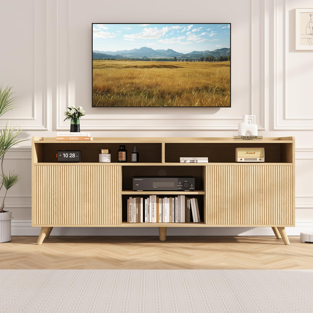 Jocoevol Fluted TV Stand for 65 Inch Boho Entertainment Center With Storage, Wood Media Console Cabinet With Shelves and Doors, Living Room Furniture for Bedroom, Natural Oak Jocoevol