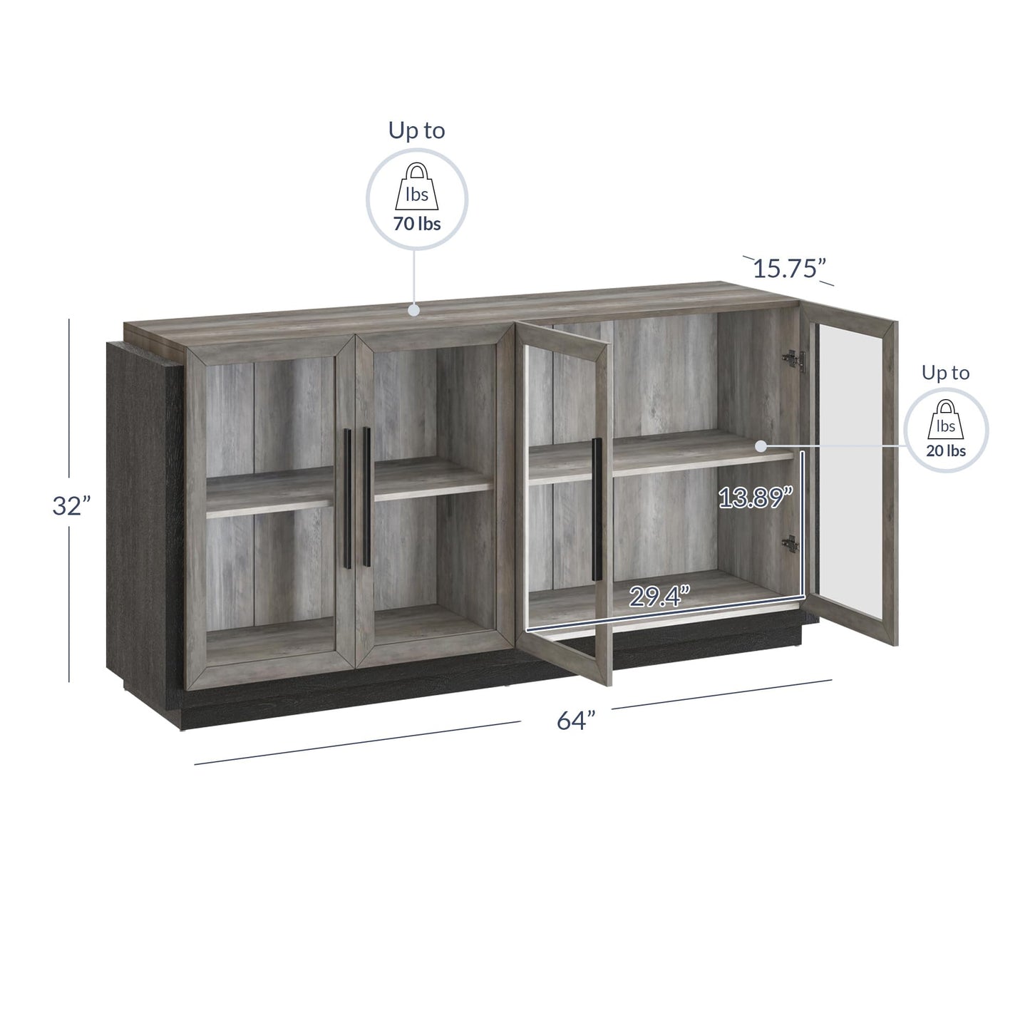 BELLEZE Sideboard Buffet Cabinet, Modern Wood Glass-Buffet-Sideboard with Storage, Console Table for Kitchen, Dining Room, Living Room, Hallway, or Entrance - Brixston (Grey)