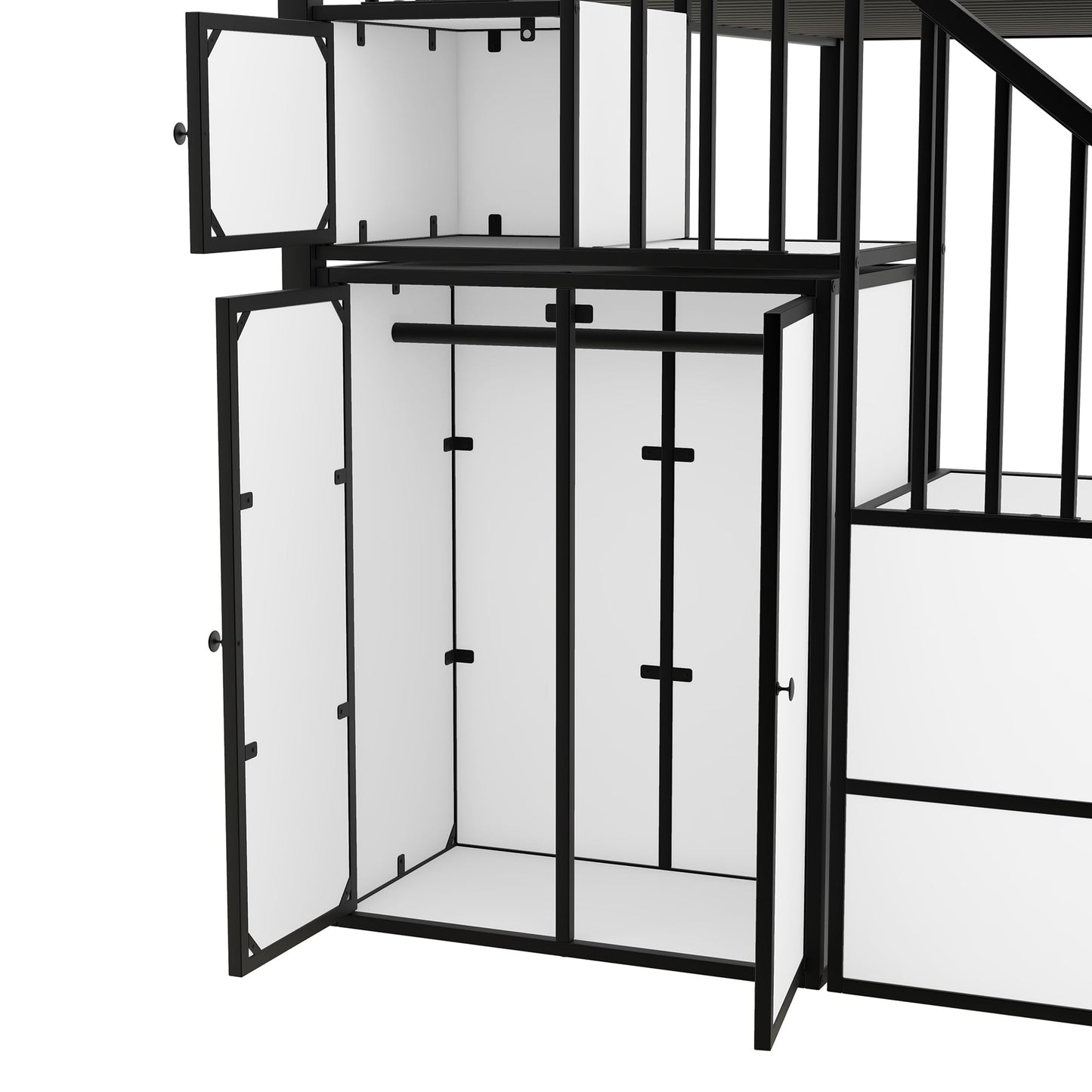 Harper & Bright Designs Twin Over Twin Metal Bunk Bed with Stairs and Storage Wardrobe, Castle-Shaped Bunk Bed Heavy-Duty Steel Frame, Noise Free,for Kids Teens Adults, Black+White