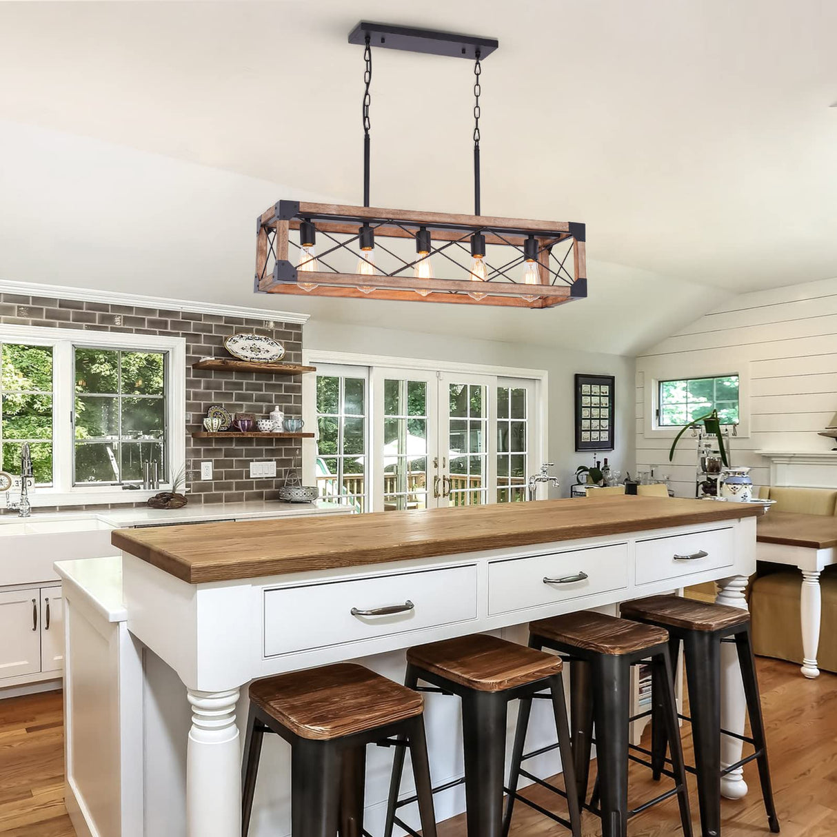 Bribyit Farmhouse Kitchen Island Lighting, 5-Light Dining Room Light Fixture, Farmhouse Linear Chandelier with Solid Wood for Dining Room Kitchen Bar Pool Table Bribyit